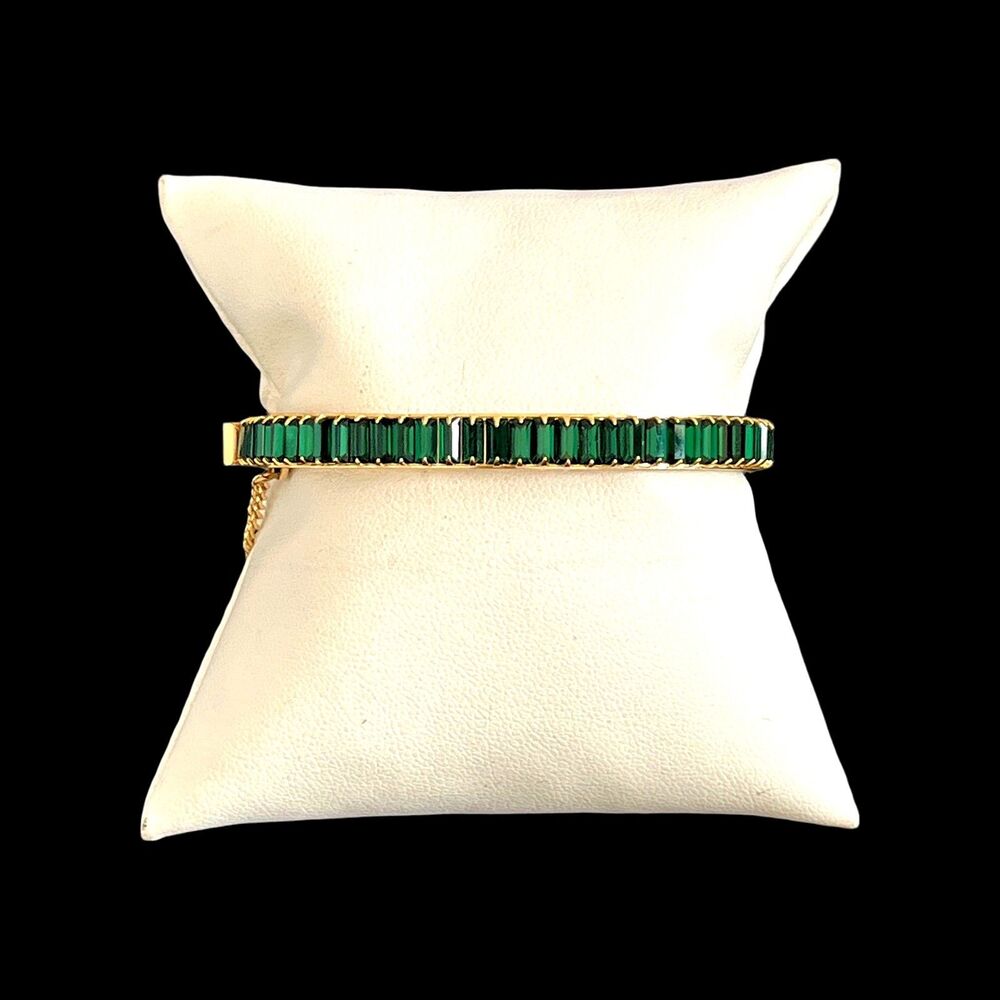 Vintage 1960s Clamper Bracelet Emerald Green Crystal Baguettes Gold Tone - 15D